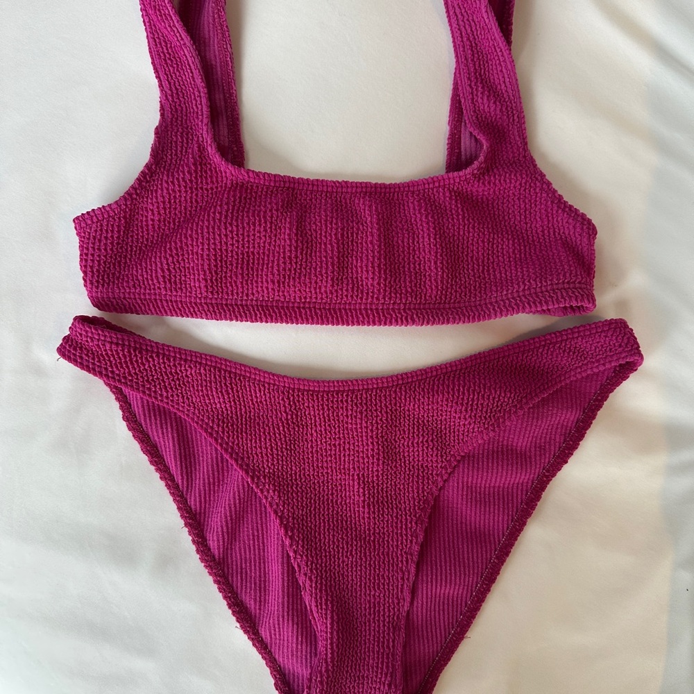 Los Angeles Apparel Crinkle Swim Bikini Set in Dragon Fruit Pink